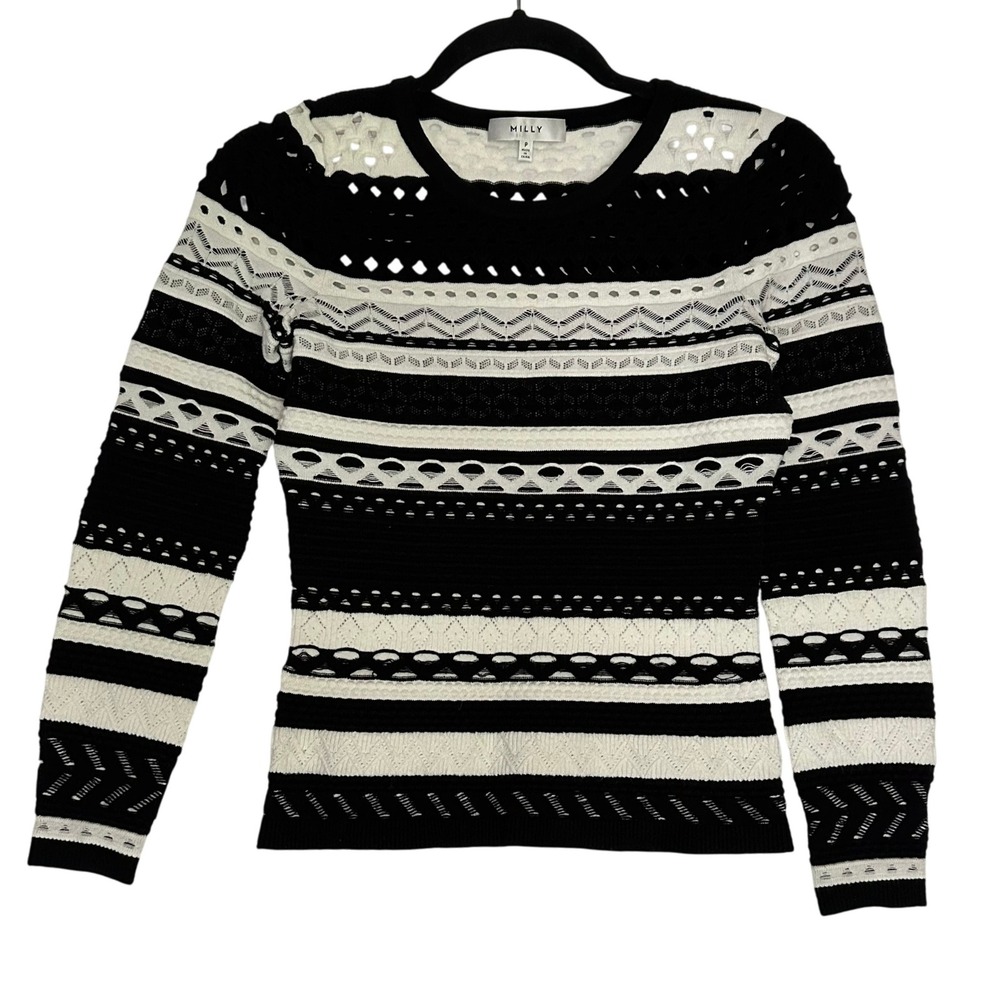 Milly Striped Knit Sweater Open Stitch Knit Long Sleeve Top Black Cream Size P‎